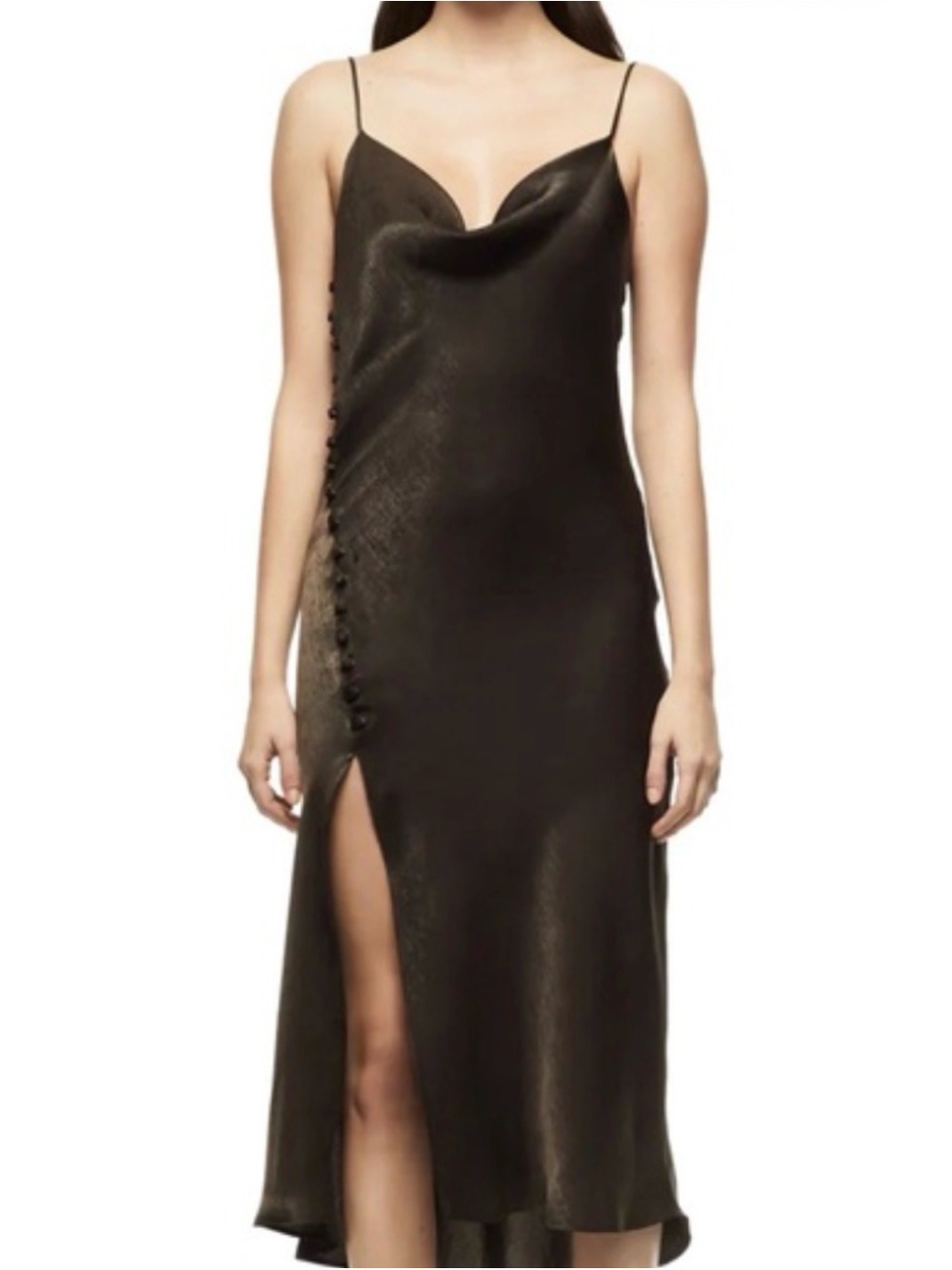 Zara Black Satin Cowl Midi Slip Dress with Side Button Accents
